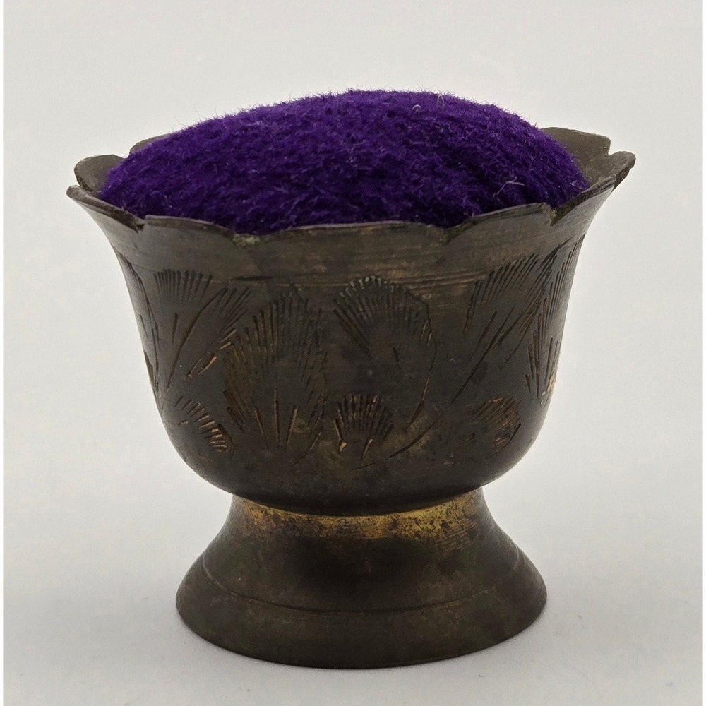 Vintage Brass Pin Cushion Etched Floral Pedestal Purple Patina‎ Small